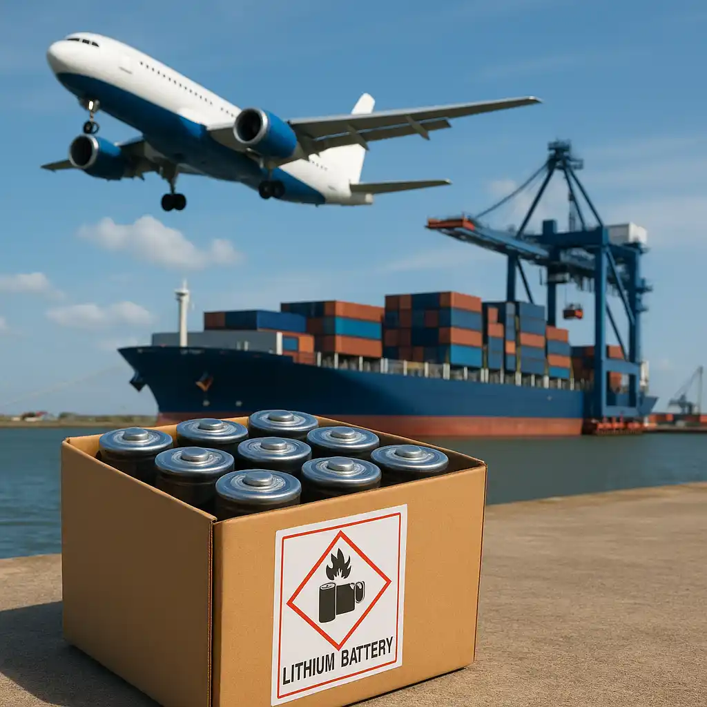 Batterie in einem Karton, Flugzeug und Containerschiff